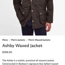  Barbours Ashby Waxed Jacket Size Medium