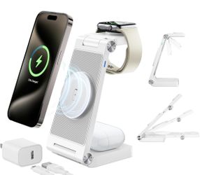 3-in-1 Magnetic Wireless Charging Station, Fast Max Charging for Smartphone, Watch & TWS, Space-Saving Multi-Device Charger Stand (White)
