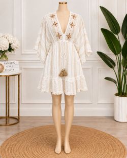 White Boho Mini Dress with Gold Embroidery ONE SIZE XS TO L