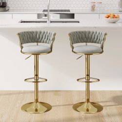Upholstered Bar Stool Set Of 2 Velvet Swivel Barstools, Height Adjustable Counter Stools With Woven Backrest gray 