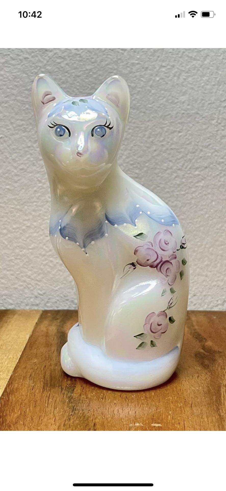 FENTON Milk White Opalescent Iridescent Cat Glass Figurine Signed Kitty Riley