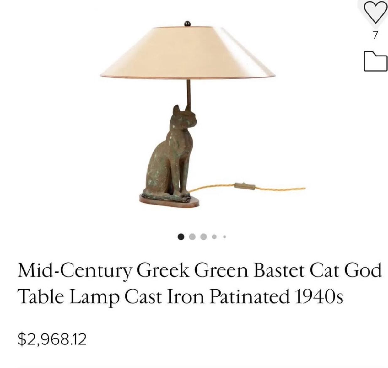 Mid-Century Greek Green Bastet Cat God Table Lamp Cast Iron Patinated 1940s