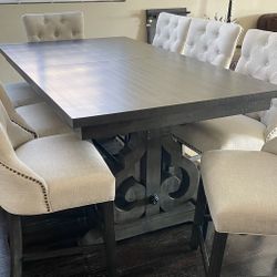 Counter Height Dining Table Set - Dark Grey Wood Table & 8 Chairs