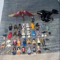 Lego mini figures from Star Wars,ninjago, friends, Jurassic World, F1, Fortnite, and animals