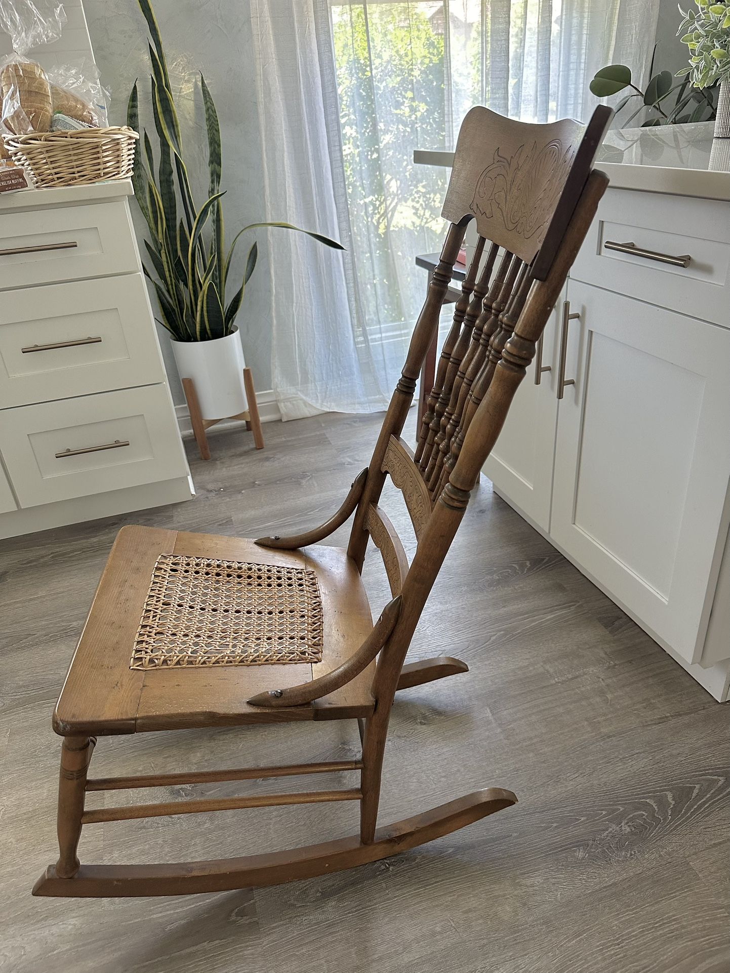 Rocking Chair with Cane seat ( Carved wood) H40/ Seat H 16 $25