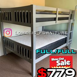 FulL/Full Gray Wooden Bunk bed w. Ortho Mattresses Included