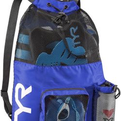 TYR Big Mesh Mummy Backpack for Swim, Gym and Workout Gear, Royal Blue, 40-Liter Capacity