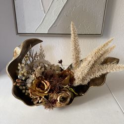 Decorative arrangement artificial flowers, pampas grass shell shaped vase - rustic aesthetic