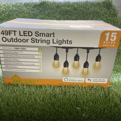 49 Ft Outdoor LED String Lights , Smart Patio Lights 15 Led Bulbs. App Wifi Phone Control On/off, Timer, adjust the brightness 
