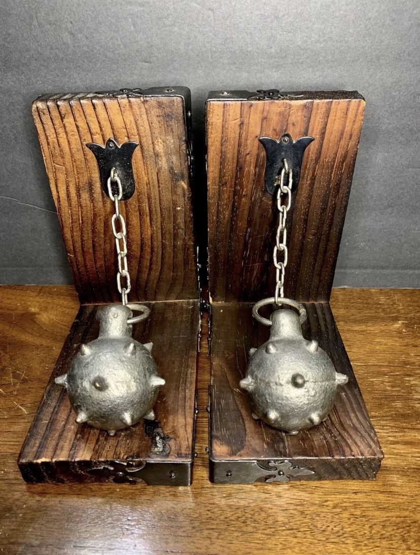Vintage Medieval Flail Bookend - Wooden and Iron Weapon Bookends - Mace - Rare!