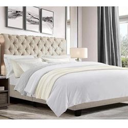 32” Roll Head QUEEN Bed Frame, Fabric Upholstered Chesterfield-Style ,Beige B-24