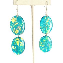 Iridescent teal blue green free form oval shaped dangle earrings with silver hooks 