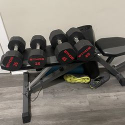 Ethos Black And Red Dumbbells 25 - 45 LB And A Bench Used 2 Time Only 