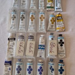 24 Tubes Of Acrylic Paint, Grumbacher/Hyplar, Speedball, Liquitex