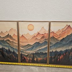Tinonedraw Large Mountain Framed Canvas Wall Art Set of 3, Boho Nature Forest Wall Decor, Neutral Wooden Pine Trees Artwork, Sunrise Ridge Landscape A
