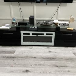 Tv Stand Fire Place Led Lights Black And White 