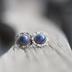 Vintage Elk Creek Mexico Sterling Silver Flower Stud Earrings | Blue Cabochon | Concho Style | Southwest Boho
