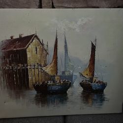 Mid 20th century original oil painting of a fishing harbor by the American artist John Luini
