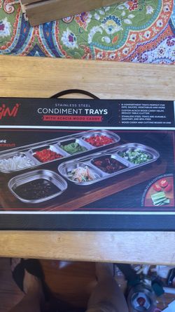 Stainless Steel Condiment Trays with Acacia Wood Caddy