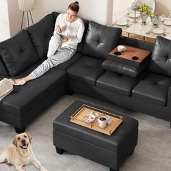 Black Leather Couch Sectional With Ottoman