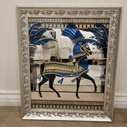 Vintage Mirror With Egyptian Blue and Gold Art Design In Silver Ornate Wood Frame 24x19 Inches