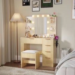 Vanity Desk Set with Mirror and Lights, Makeup Table with Charging Station and Chair, Wood Color