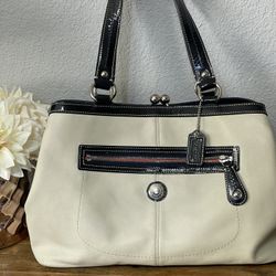 Coach Dark Blue & Beige Smooth Leather Bag