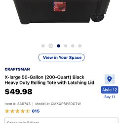 CRAFTSMAN 50-Gallon (200-Quart) Black Tote with Latching Lid in