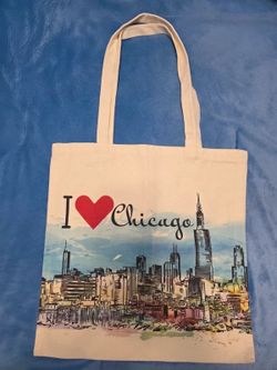 I Love Chicago Skyline Canvas Tote Bag Souvenir Reusable Shopper Cream Graphic