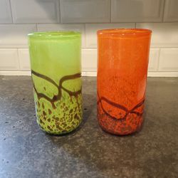 Two pair of Aventurine hand blown lime and organge with copper highball 6.5 thick tall glasses. 