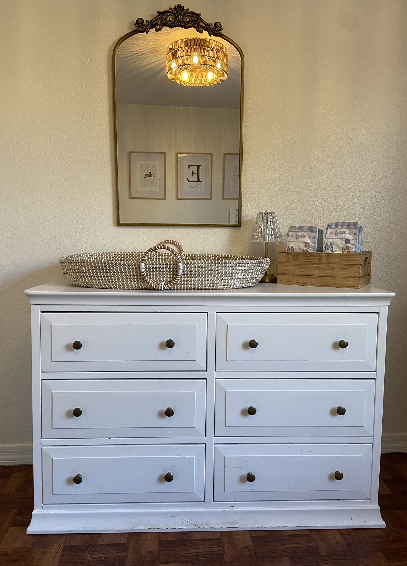 6 Drawer Dresser with Wide Drawer and Antique Brass Knobs