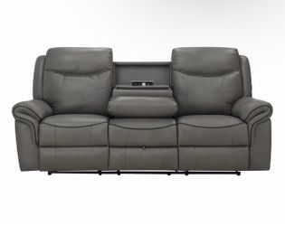 Gray Leather Power Reclining Sofa with Console