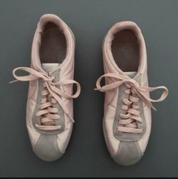 Pink Low-Top Sneakers with Suede Panels, Size 8. Good Condition!