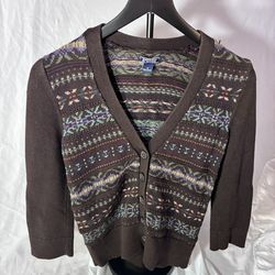 American Vintage Fair Isle Pattern Button Up 3/4 Sleeve Cardigan