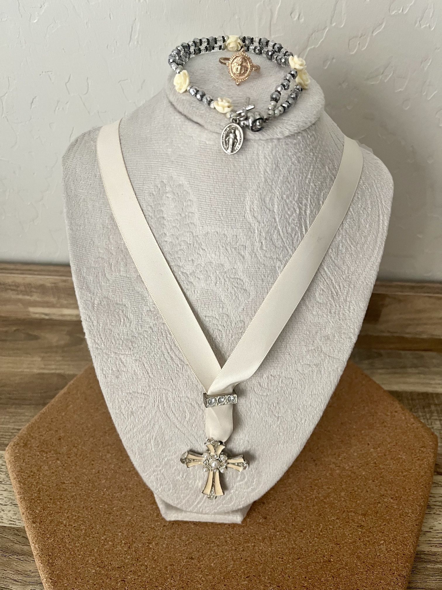 Vintage Cream Ribbon Cross Pendant, Bracelet & Ring