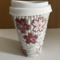 Mexican Talavera Tumbler, Travel Mug  with Heat Band / Termo de Talavera con Banda Plástica Decorado con Cherry Blossoms