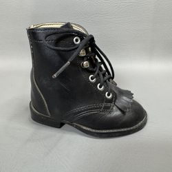 Vintage Black Leather Vamps Baby Shoes French Country Toddler Laced Black 4.5M Fringe Western Baby Cowboy Boots