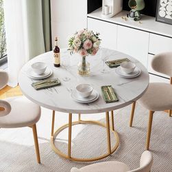 Round Dining Table, 47.24 Inch, Wooden Faux Marble with Gold Base, Circle Modern Small Table for Home
