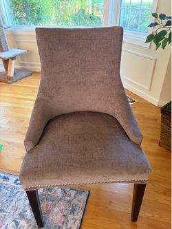 Plush upholstered chair gray with nailhead trim, beautiful, great condition