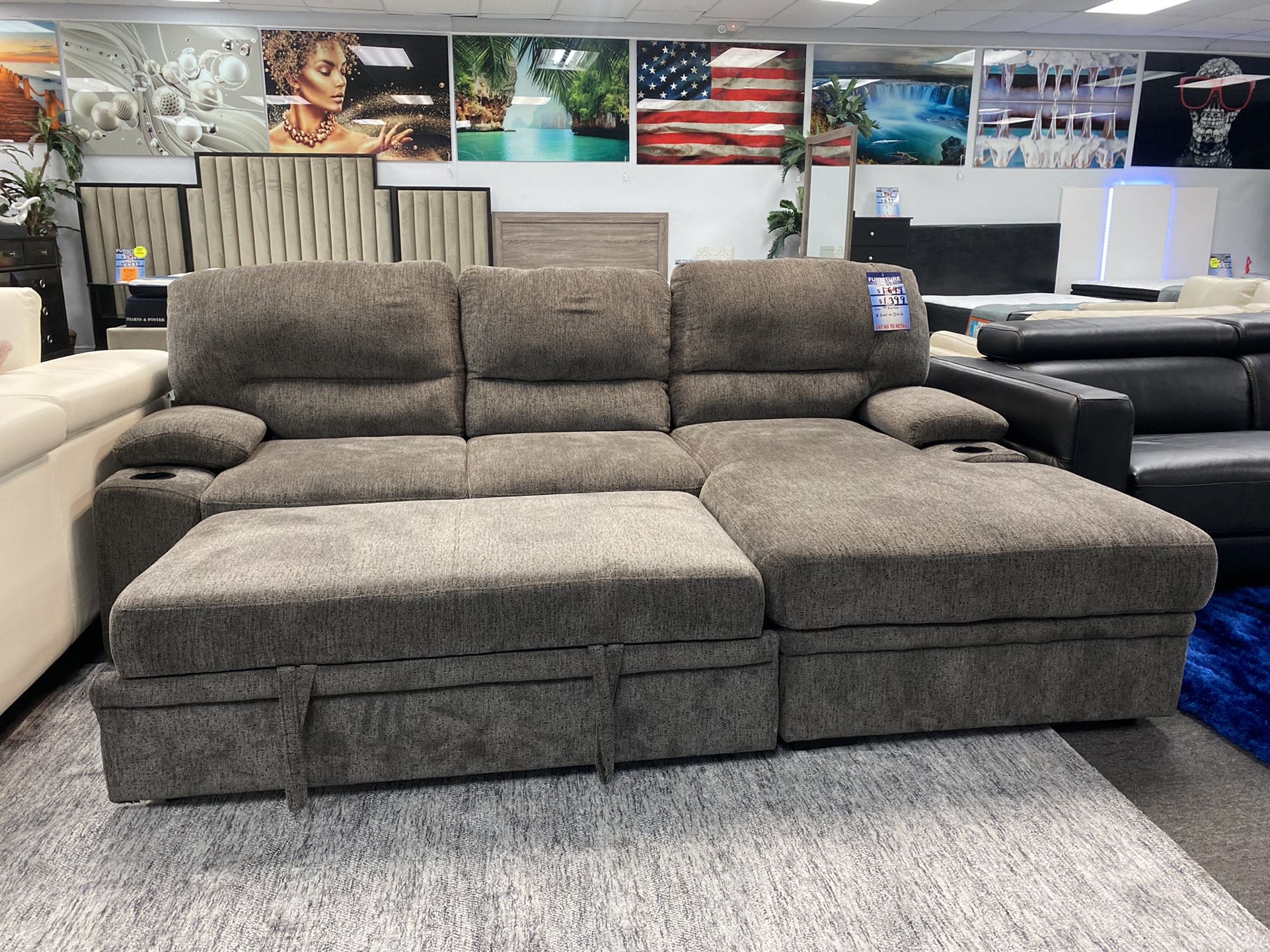 Comfortable Sleeper Sectional With Storage And Cupholders!