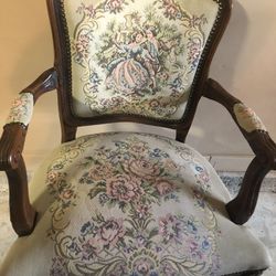 Vintage French Provincial Tapestry Ornate Carved Arm Chair