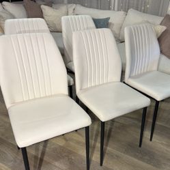 Brand New Set Of 5 Modern White PU Dining Chairs With Extended Back Rest
