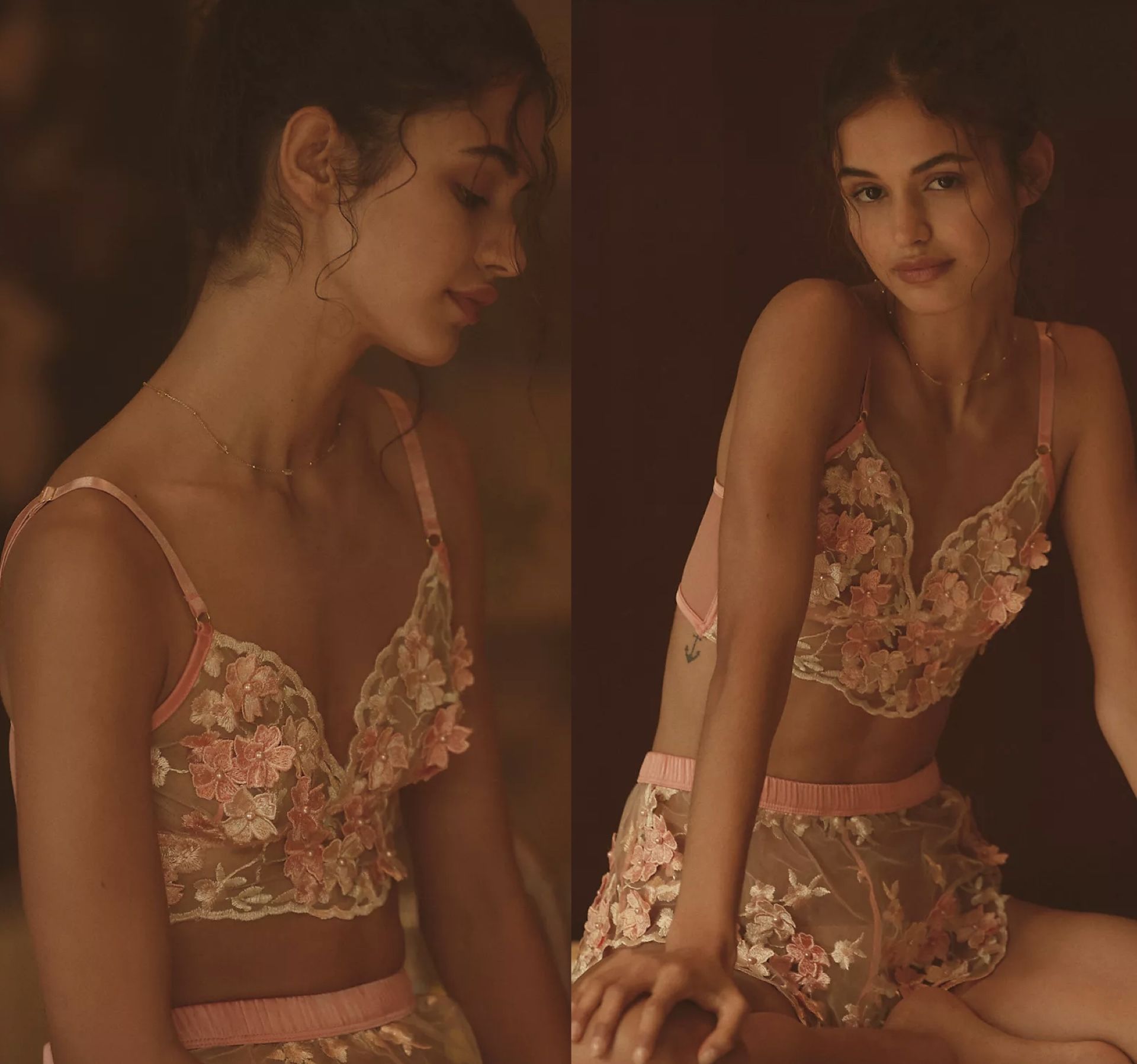 NWT $58 Anthropologie x Kilo Brava Peach Embellished Floral Longline Bralette M