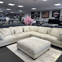Huge Beige Sofa Sectional w/ Free Big Ottoman 
