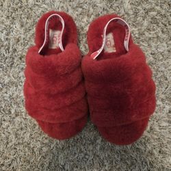 UGG Fluff Yeah Punk Slide Red Fur Ribbon Slippers  Size 2 child 