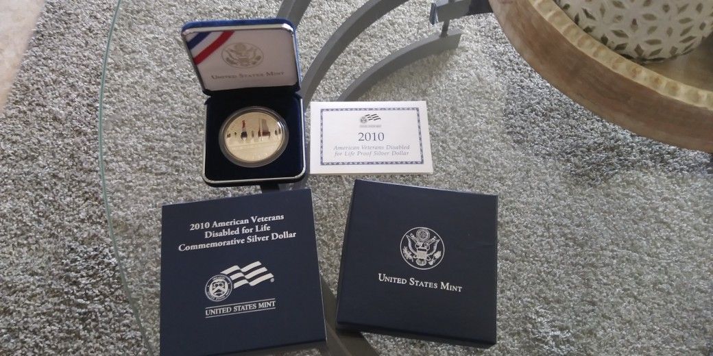 LOOK.2010 W Proof American Veterans Disabled for Life  Silver Dollar w/box & COA