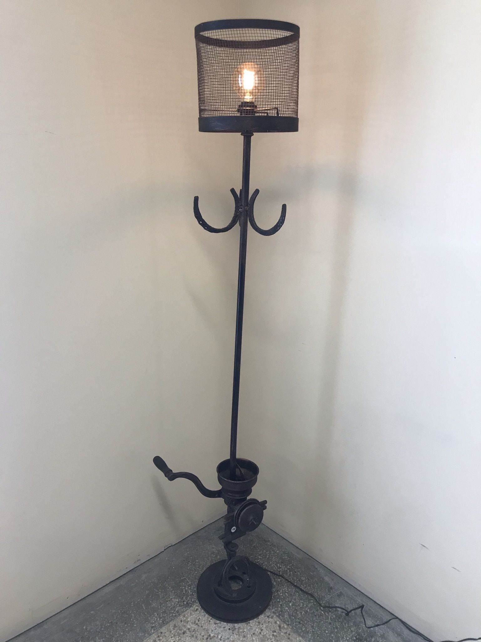 New Horseshoe Floor Lamp Antique grinder. Wire shade, Edison light bulb. Artisan Mexico,New Products : American Fashion Style Bags On Sale