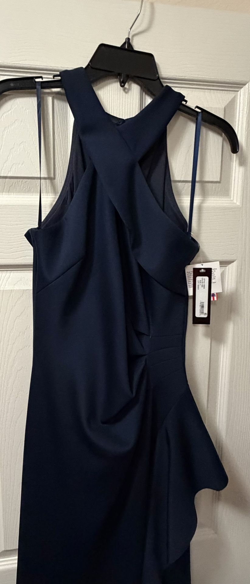 xscape navy blue prom dress XSCAPE Dress Navy Pleated Ruffled 3 Qtr Sleeve Gown