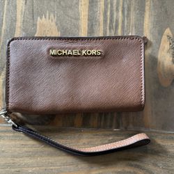 Michael Kors Brown Leather Bag Purse Wallet Wristlet Clutch 