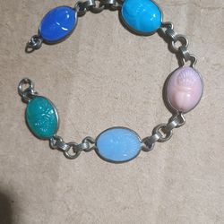 Vintage Sterling Silver  Egyptian Scarab Bracelet 7.5"